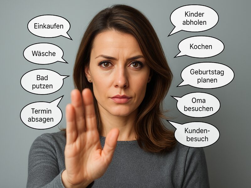 Eine Frau zeigt via Stopp-Geste, dass sie genug vom Mental Load hat und ihn reduzieren möchte